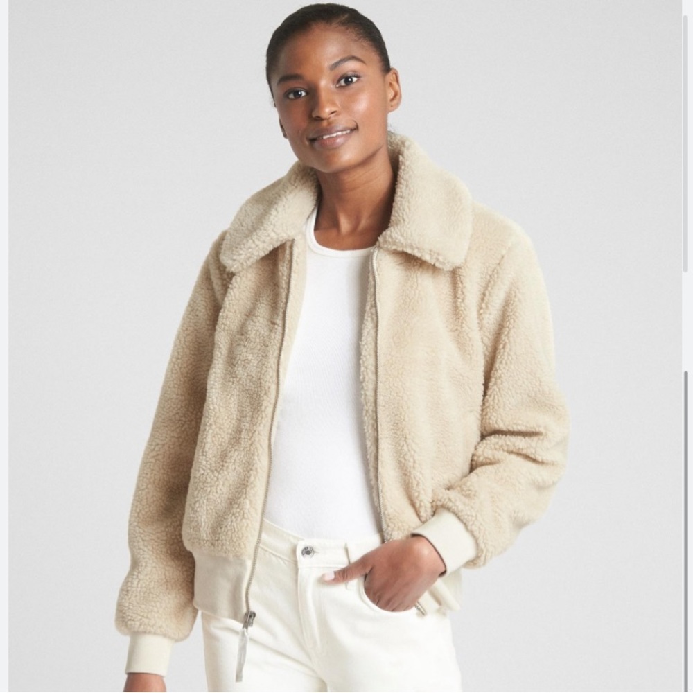 GAP Sherpa Teddy Bomber Jacket - Full Zip Soft Fuzzy Cream